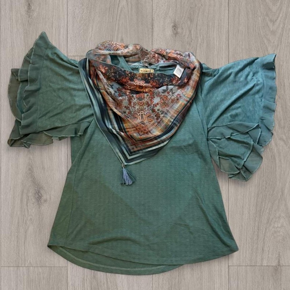 One World Teal Boho Flutter Sleeve Scarf Tunic Top Small